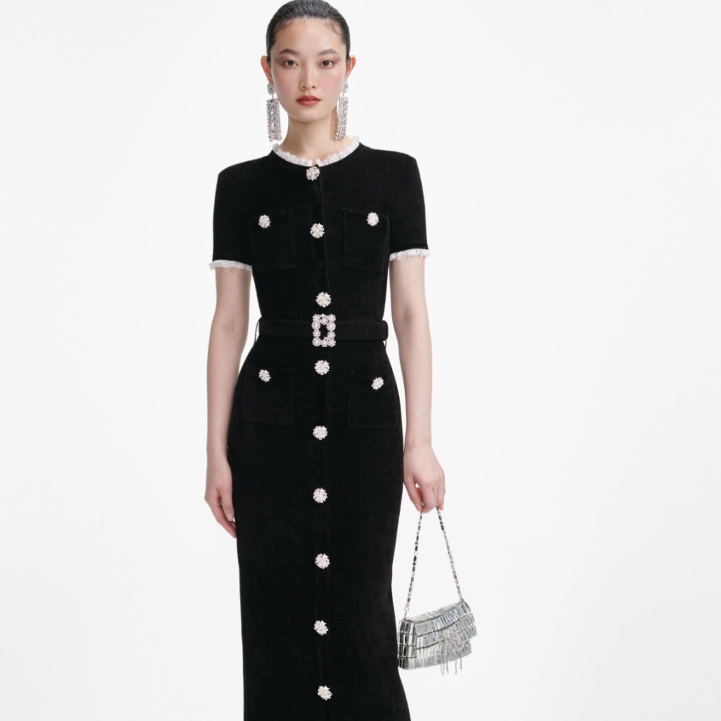 Self-Portrait - Black Chenille Knit Midi Dress Size: Large - Msrp $750 - Nwt